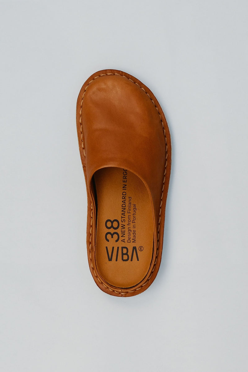 VIBAe ROMA Leather Cognac Brown pistokkaat ylhäältä, pohjallinen näkyvissä