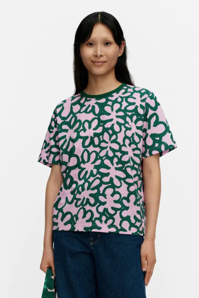 Marimekko Jakso Kukka Kioski t-paita - vaaleanpunainen / tummanvihreä