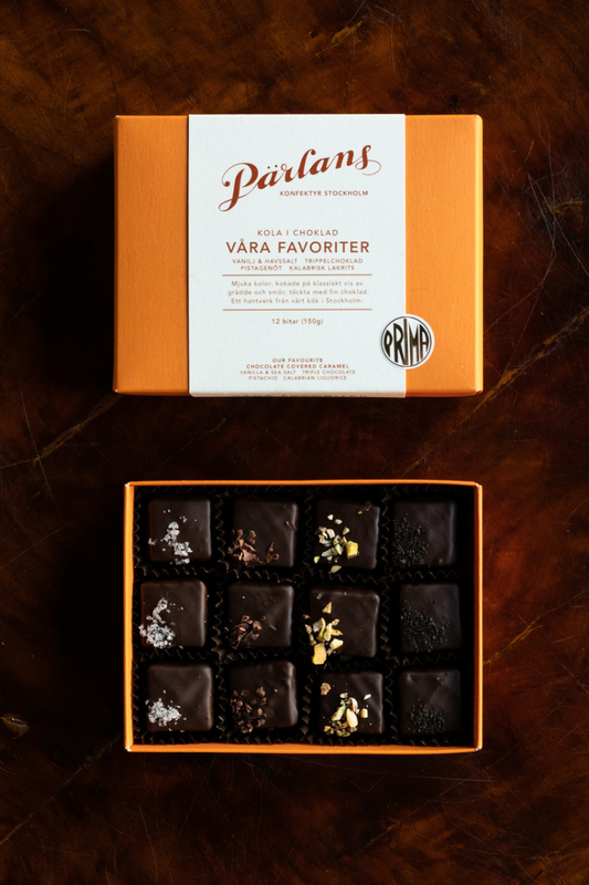 Pärlans Konfektyr Chocolate covered caramel box of 12 - våra favoriter