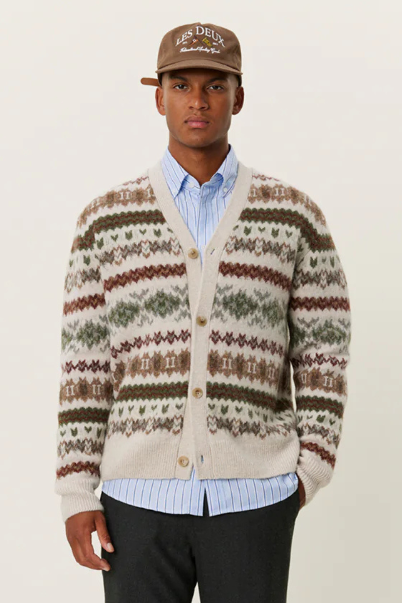 Les Deux Hordur Fair Isle Cardigan - light desert sand/coffee brown