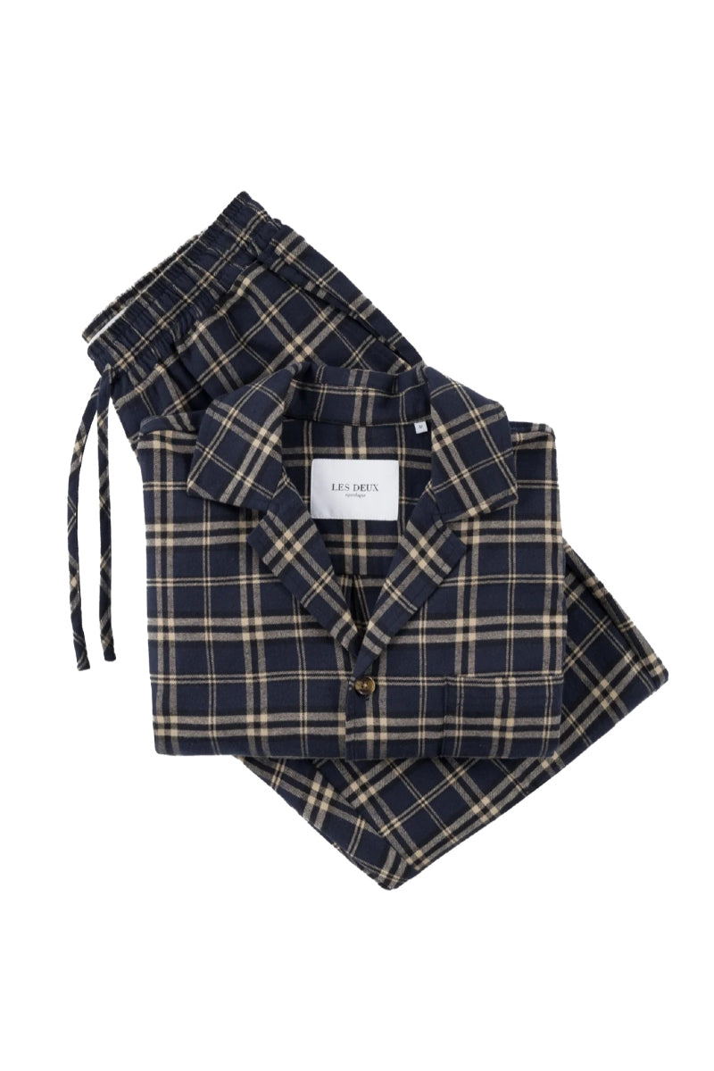 Les Deux Ludwig Flannel pyjama shirt & pants - dark navy / dark sand