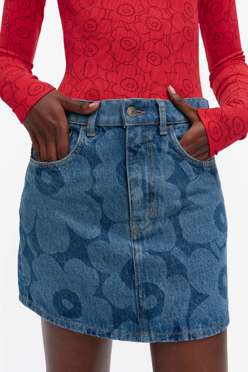 Marimekko Maridenim Ruudut Unikko hame - mid indigo