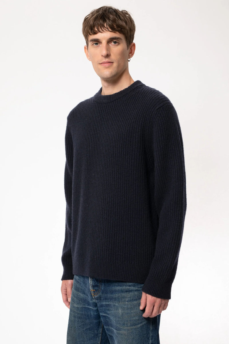 Nudie August Rib Wool Sweater - navy