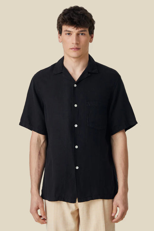 Portuguese Flannel Linen Camp Collar - black