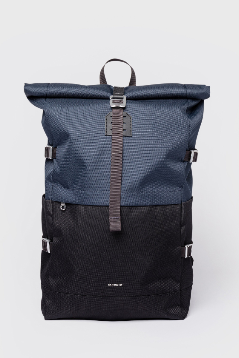 Sandqvist Icon Rolltop Backpack L - multi black / navy with black leather