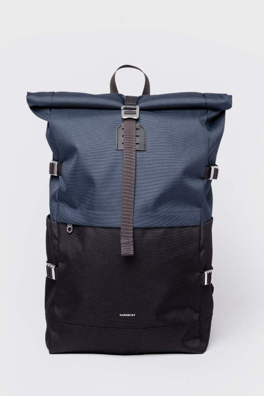 Sandqvist Icon Rolltop Backpack L - multi black / navy with black leather