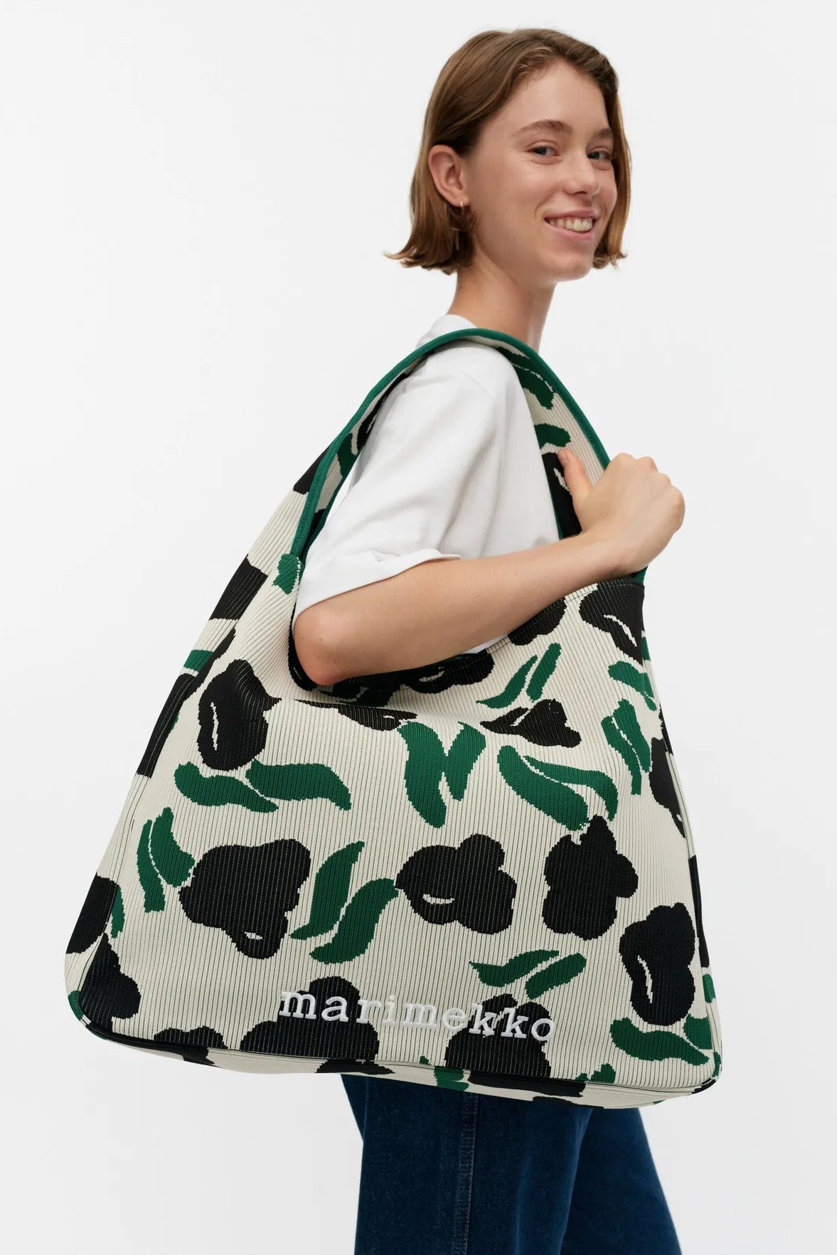 Marimekko Knitted Bag Large Lemmitty olkalaukku - vihreä / luonnonvalkoinen