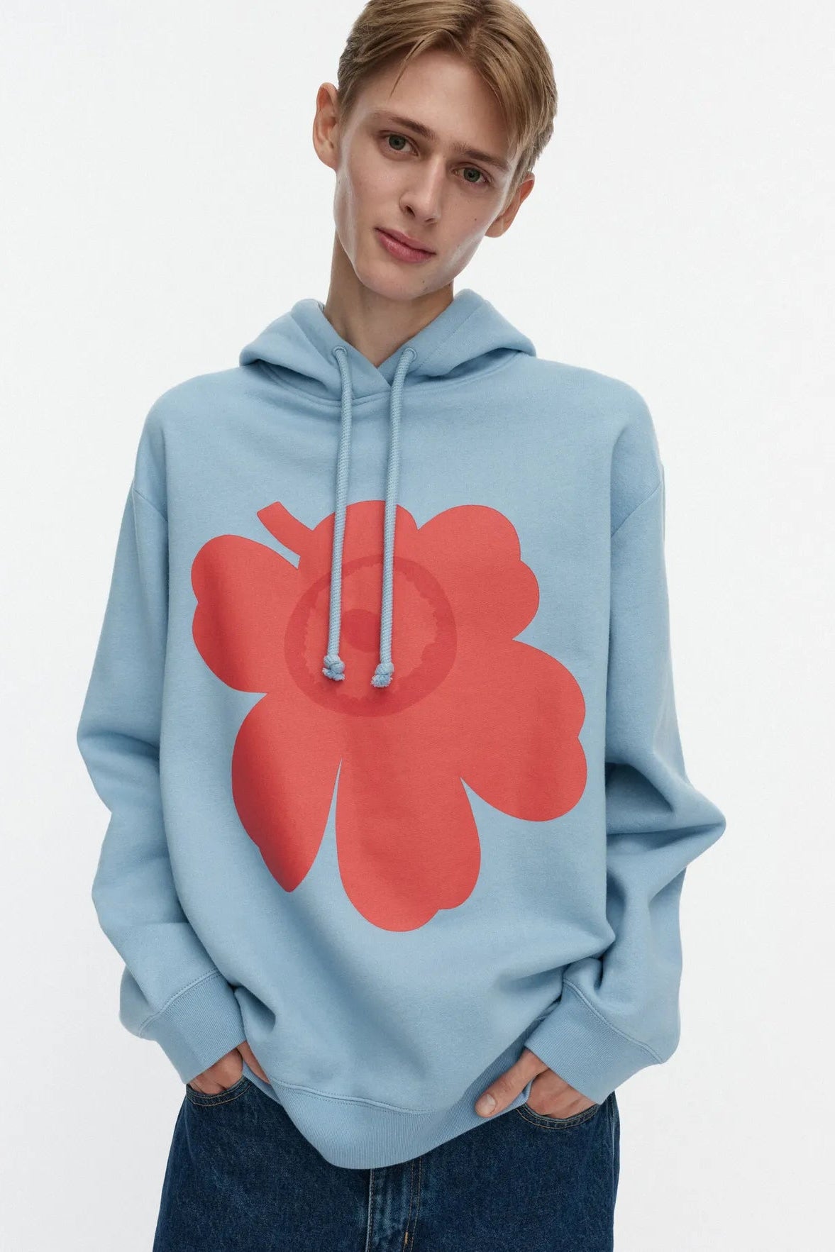 Marimekko Runoja Unikko Placement Kioski huppari - vaaleansininen / punainen