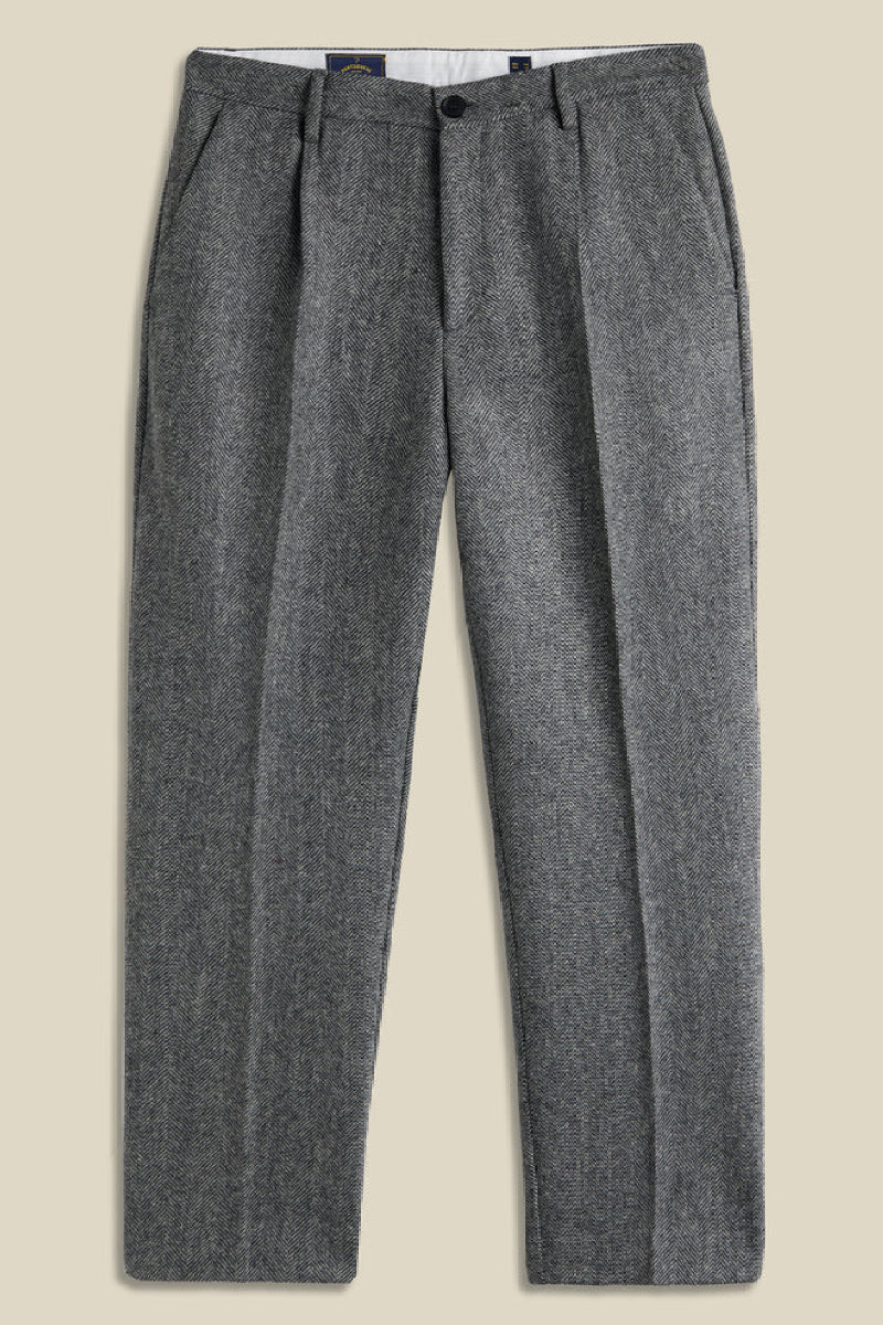 Portuguese Flannel Wool Herringbone Single Pleat Trousers - grey