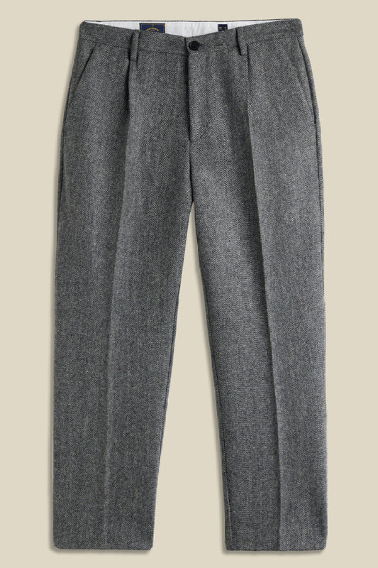 Portuguese Flannel Wool Herringbone Single Pleat Trousers - grey
