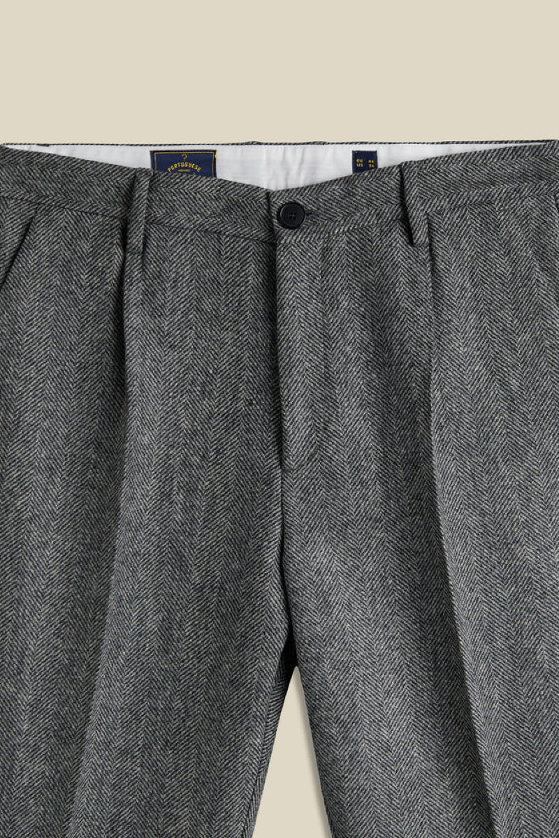 Portuguese Flannel Wool Herringbone Single Pleat Trousers - grey