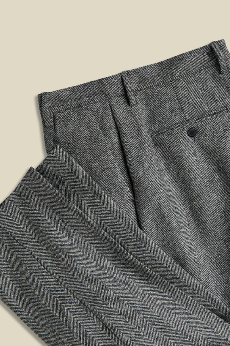 Portuguese Flannel Wool Herringbone Single Pleat Trousers - grey
