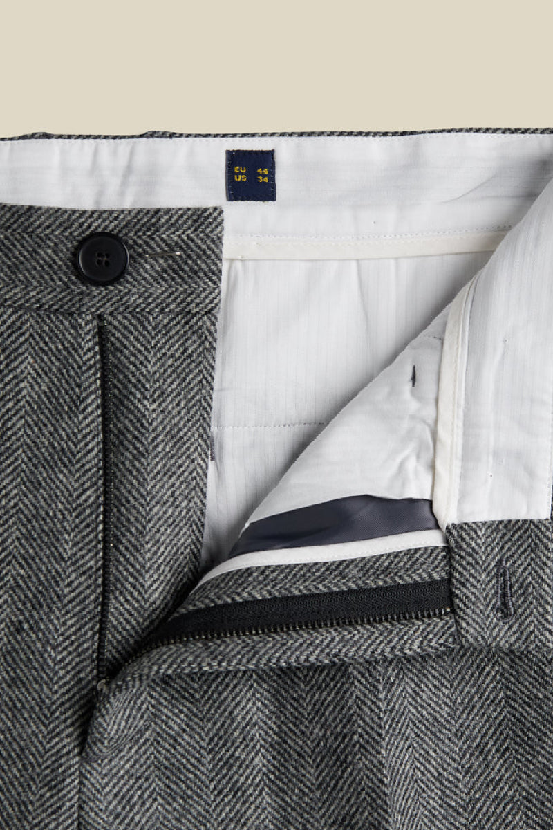 Portuguese Flannel Wool Herringbone Single Pleat Trousers - grey