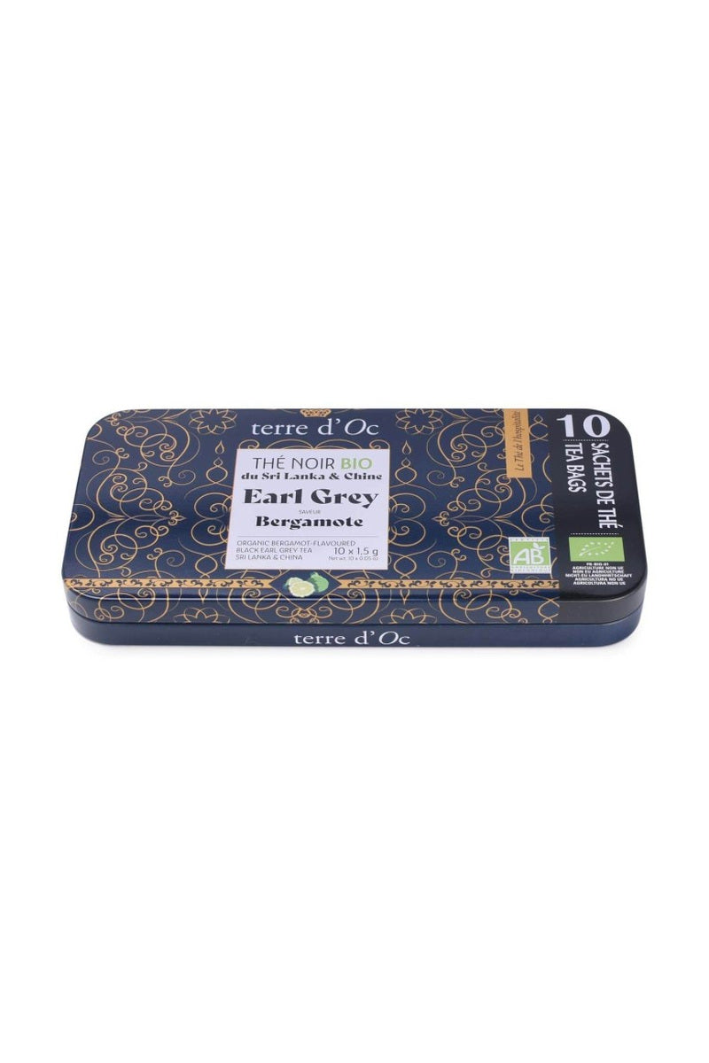 Terre d'Oc Earl Grey Bergamote – musta luomupussitee 10 pussia. Uudelleenkäytettävä teerasia.