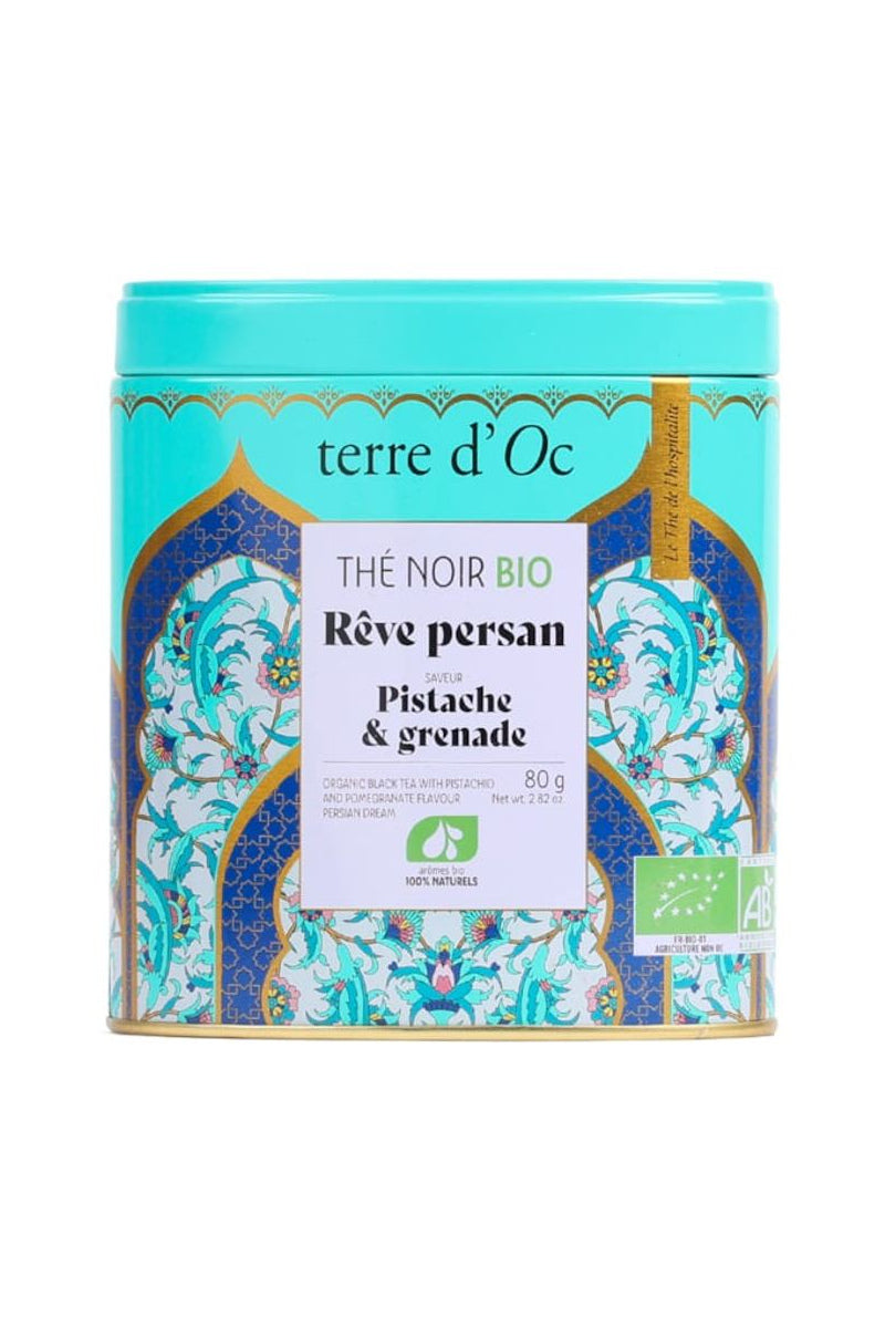 Terre d'Oc Rêve Persan – musta luomuirtotee. Uudelleenkäytettävä teerasia.