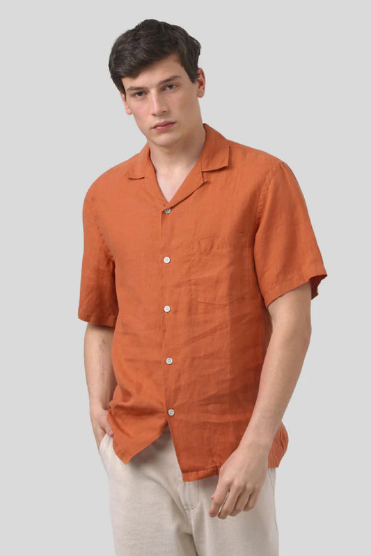 Portuguese Flannel Linen camp collar - terracotta